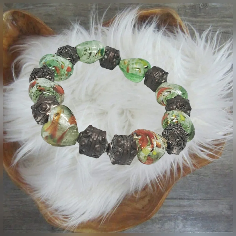 Green Beads Slip-on Bracelet & Dark Stone Accents